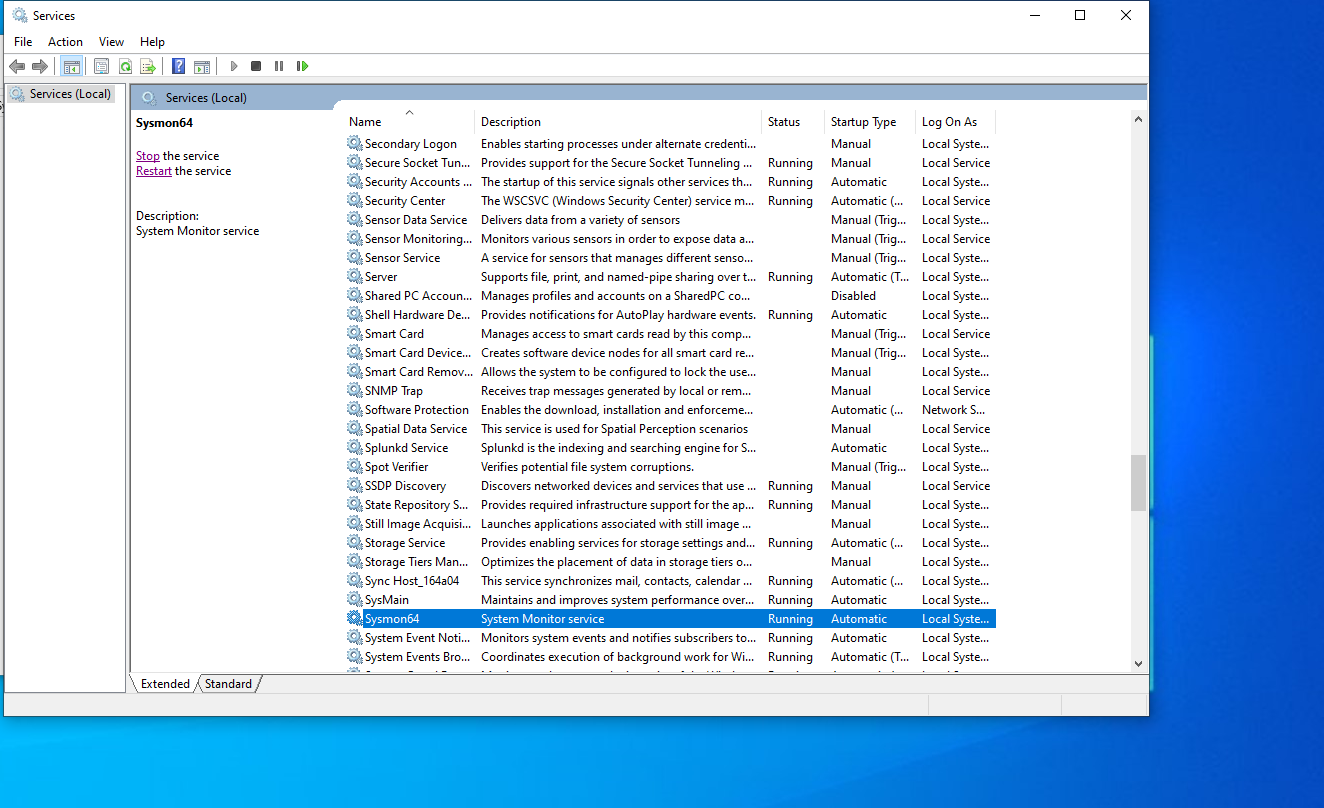 Sysmon Service Running on Windows for Telemetry Generation